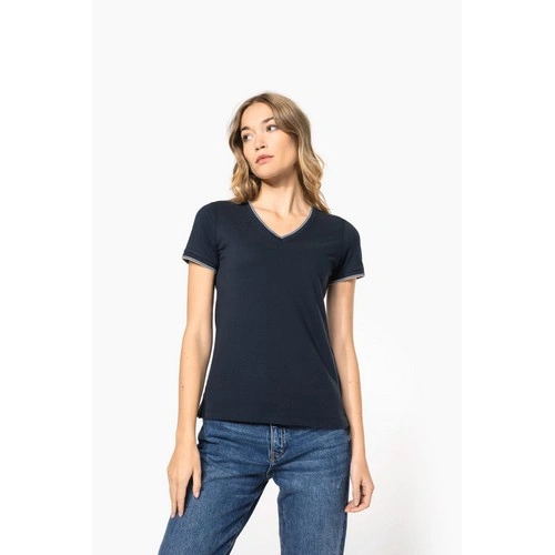 Camiseta de punto piqué con cuello de pico mujer