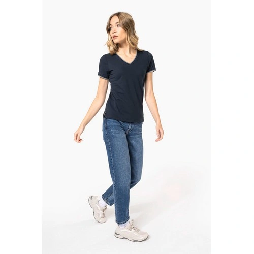 Camiseta de punto piqué con cuello de pico mujer