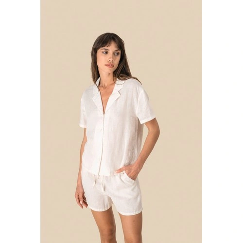 Camisa manga corta de lino y cuello bowling mujer