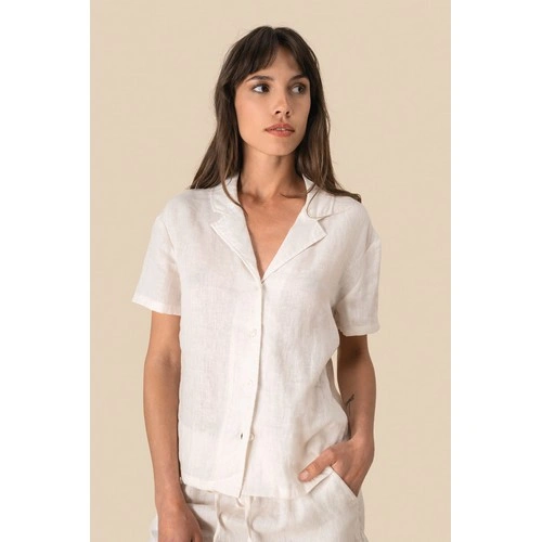 Camisa manga corta de lino y cuello bowling mujer