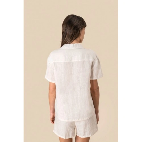 Camisa manga corta de lino y cuello bowling mujer