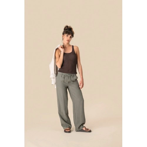 Pantalón efecto lavado de lino mujer