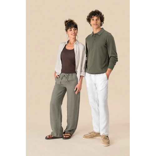 Pantalón efecto lavado de lino mujer